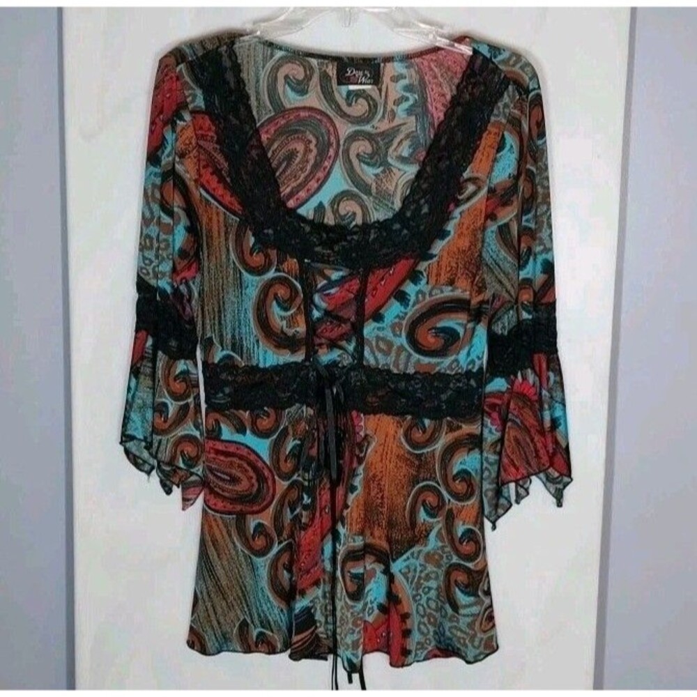 Fairy Grunge Corset Top L Y2K Paisley Lace Up Bell Sleeve Sheer Boho Goth